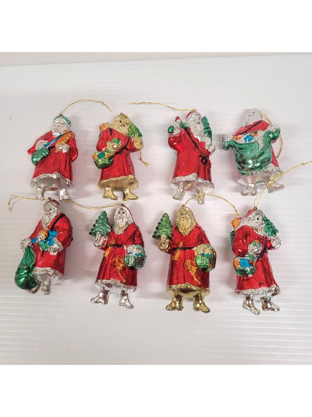 Santa Claus Ornaments Set 8 Hard Plastic 4" Blow Mold 1960/70s Metallic Finish